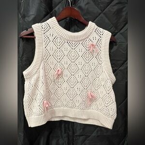 Knit tank top vest- cream Pointelle crochet w pink bows - ASOS design